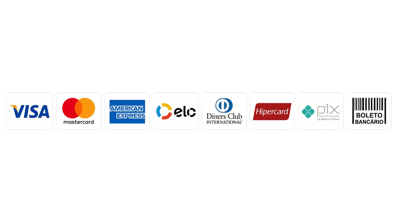 Formas de pagamento aceitas: Visa, Mastercard, American Express, Elo, Diners, Hipercard, Pix e Boleto